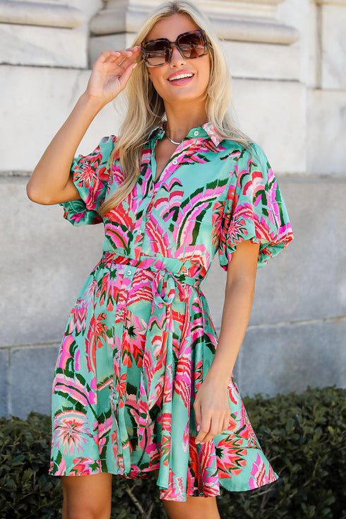 Abstract Lace-up High Waist Buttoned Mini Dress