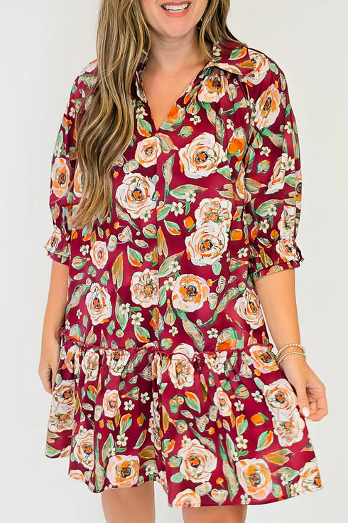 Floral Print Half Sleeve Short Shift Dress