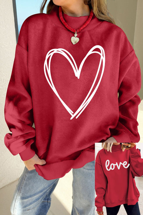 Sketch Heart Graphic Mock Neck Pullover Sweatshirt