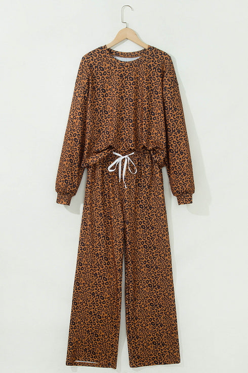 Leopard Print Long Sleeve Top Relaxed Pant Set