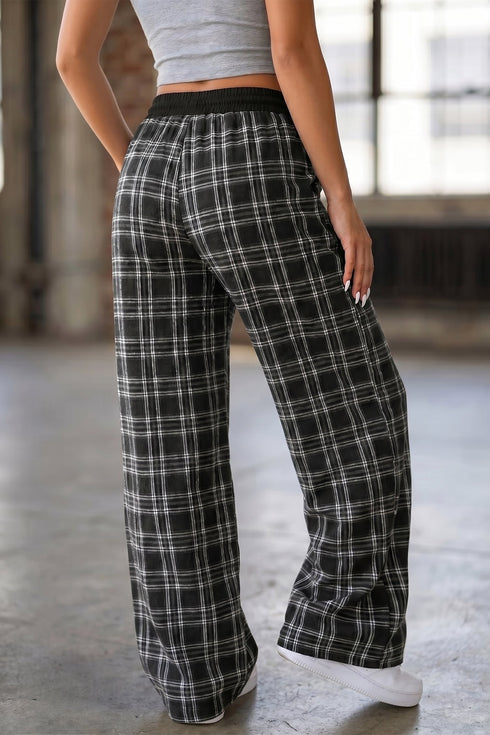 French Plaid Drawstring Waist Wide Leg Pants