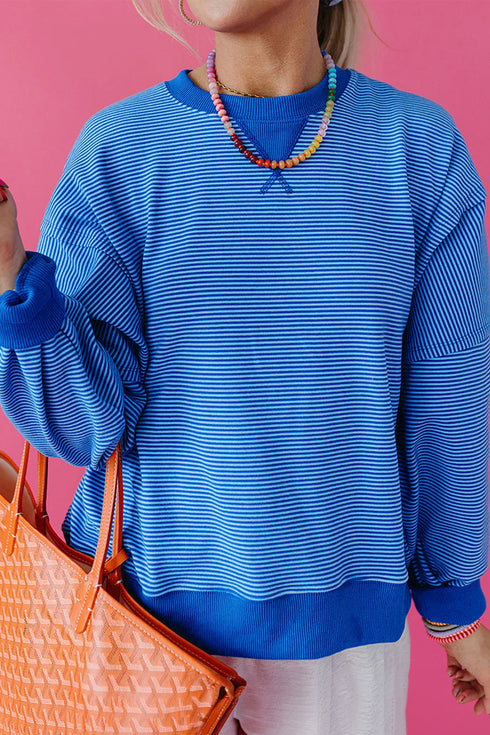 Striped Ribbed Cuff Hem Seam Long Sleeve Pullover Top