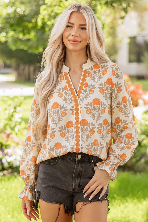 All Over Floral V Neck Southern Belle Long Sleeve Blouse