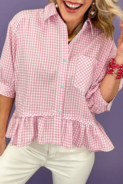 Plaid Print Half Sleeve Ruffle Hem Button Down Shirt