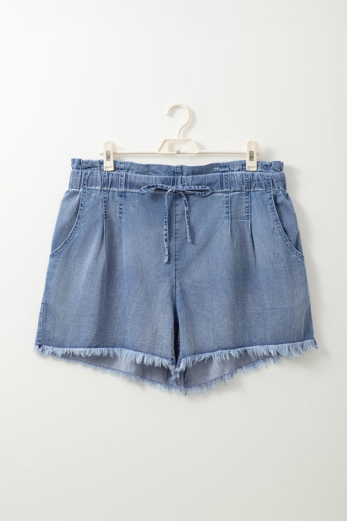 High Waist Lace Up Raw Hem Plus Size Denim Shorts
