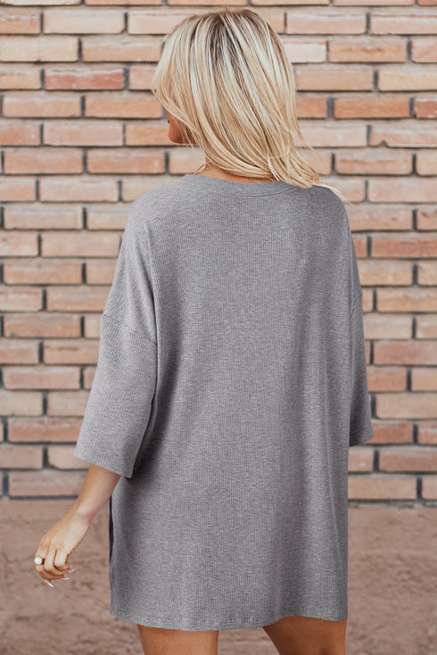 Solid Ribbed Loose Tunic Top And Slim Short Sets