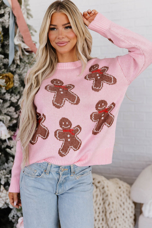 Gingerbread Pattern Round Neck Long Sleeve Shift Sweater