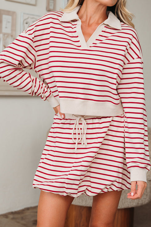 Stripe Cropped Collared Pullover Bubble Skirt Two Piece Dress