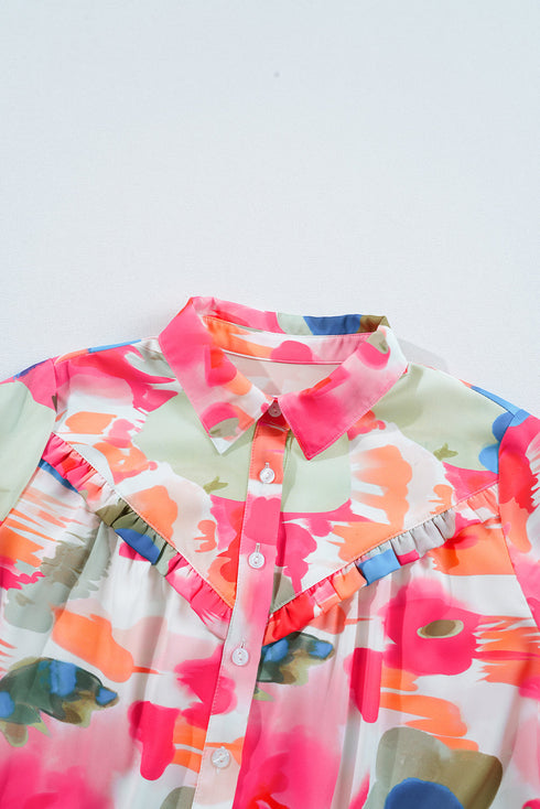 Abstract Floral Print Ruffle Detail Button Down Shirt