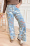 All Over Floral Print Raw Hem Wide Leg Jeans