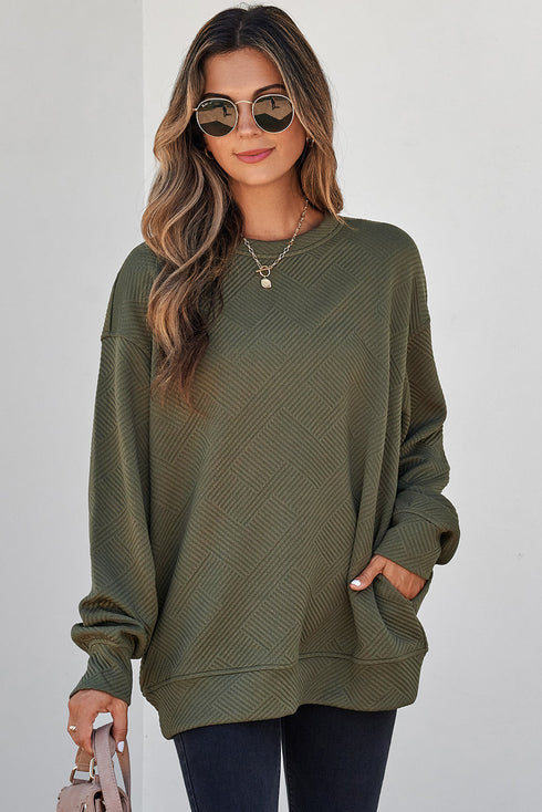 Textured Round Neck Drop Shoulder Pullover Sweatshirt
