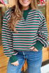 Striped Waffle Knit Round Neck Long Sleeve Sweatshirt