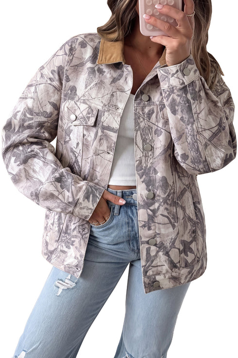 Abstract Camo Print Collar Oversized Shift Silhouette Denim Jacket