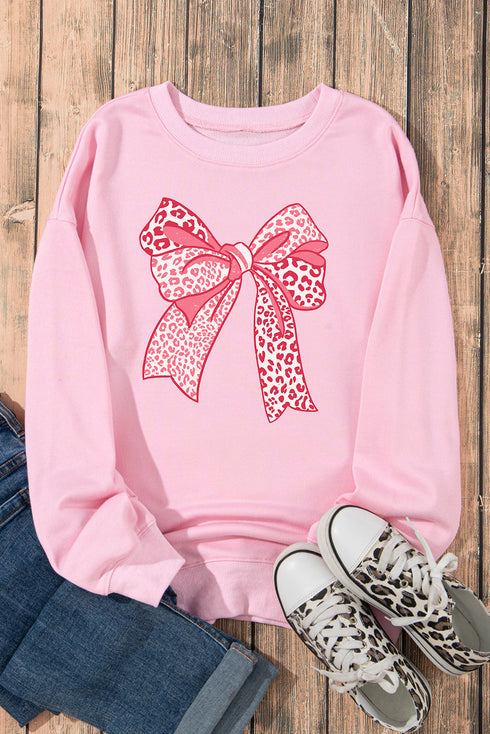 Leopard Print Bow Graphic Crew Neck Pullover Sweatshirt