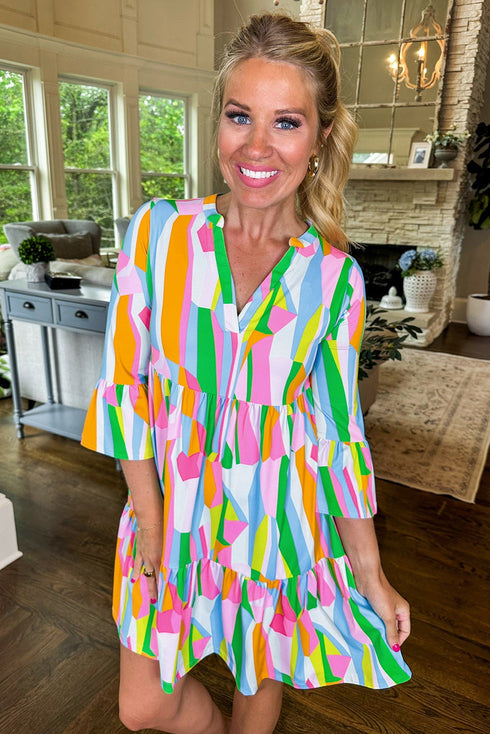 Abstract Print Ruffled Sleeve A Line Mini Dress