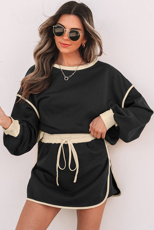 Paneled Loose Pullover And Lace Up Skort Two Piece Set
