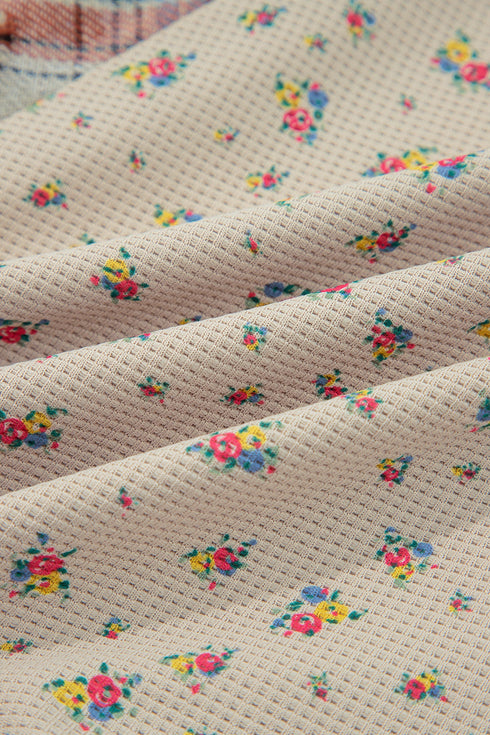 Bohemian Floral Plaid Patchwork Distressed Waffle Knit Shacket