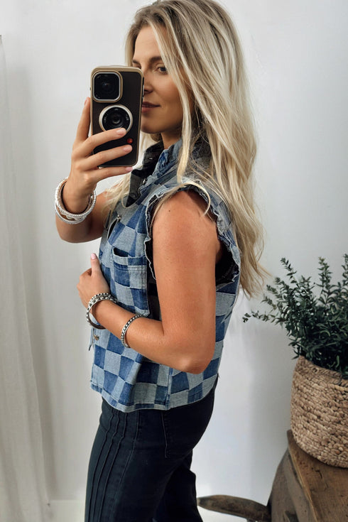 Western Checkered Ruffle Trim Button Down Denim Vest