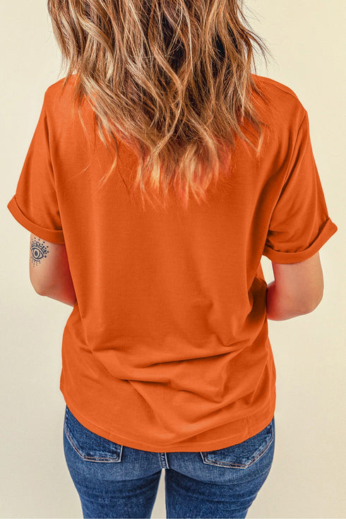 Floral Pumpkin Graphic Cuffed Sleeve Statement Tee