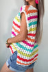 Striped Eyelet Crochet Knit V Neck Short Sleeve Sweater