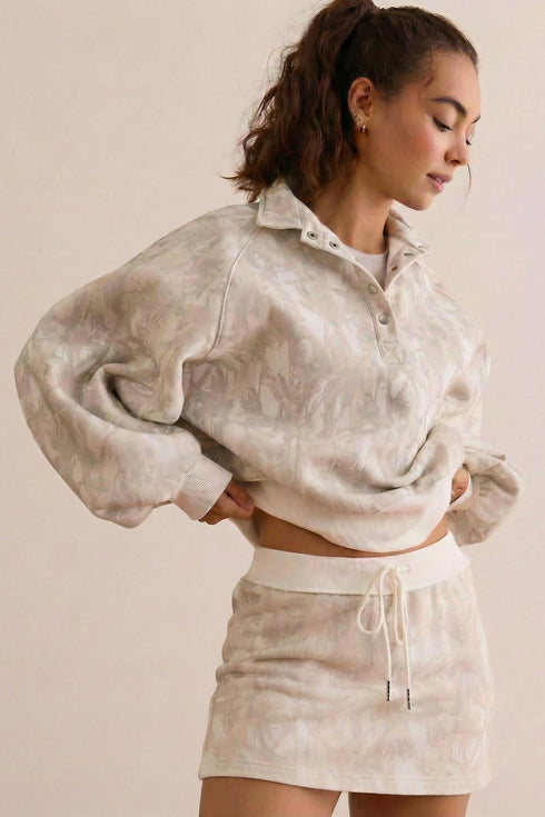 Abstract Woodland Print Balloon Sleeve Pullover Skort Two Piece Dress