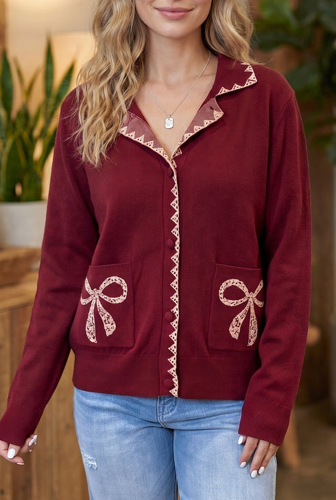 Bow Pocket Collared Long Sleeve Knit Cardigan