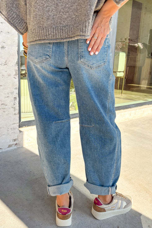 Casual Washed Cuffed Barrel Leg Jeans