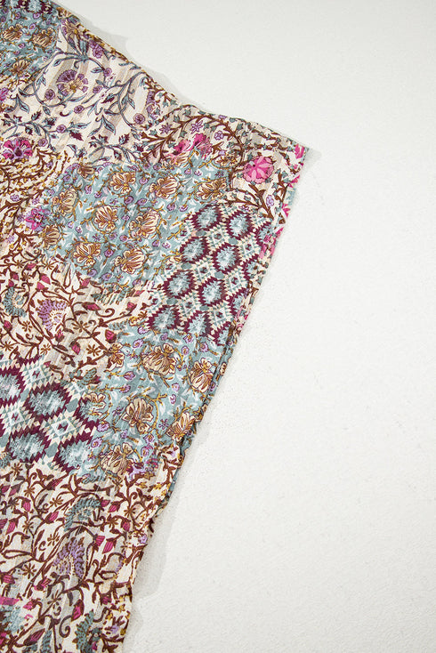 Bohemian Mixed Print Open Front Draped Kimono