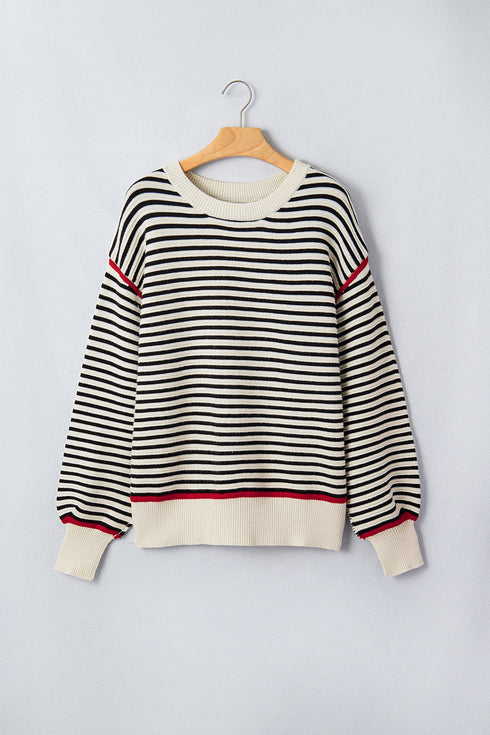 Striped Ribbed Trim Drop Shoulder Oversized Sweater