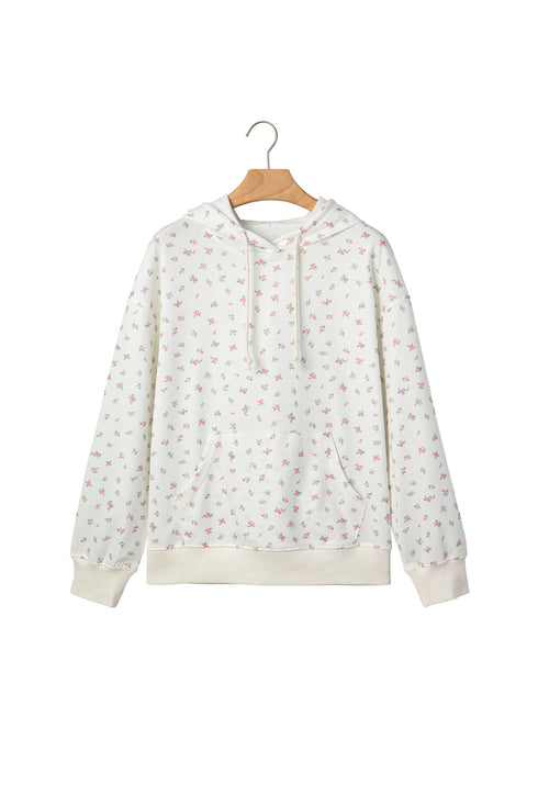Floral Print Ribbed Trim Drawstring Hem Long Sleeve Hoodie