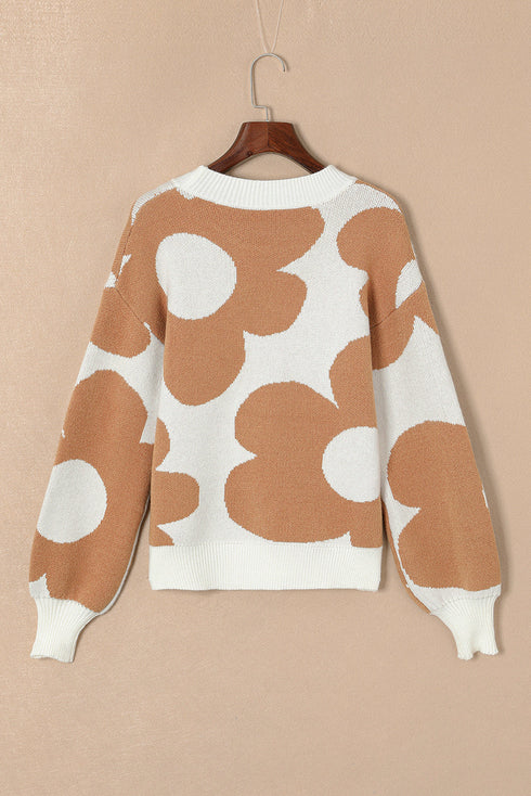 Abstract Floral Print Mock Neck Knit Sweater