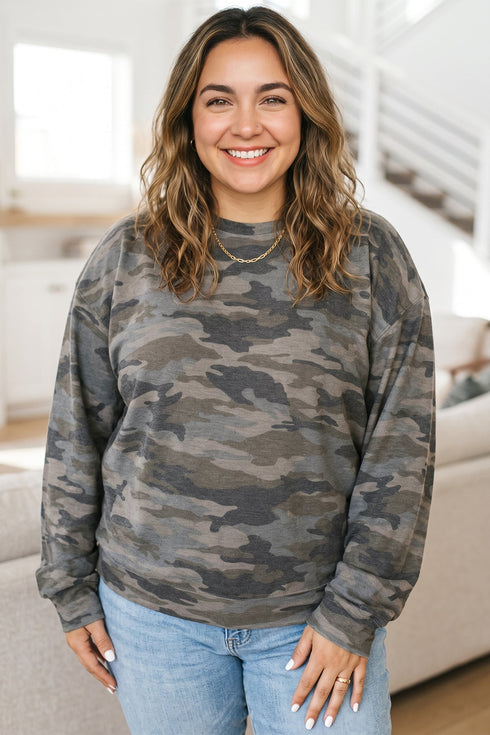 Polyester Elastane Camo Print Long Sleeve Top