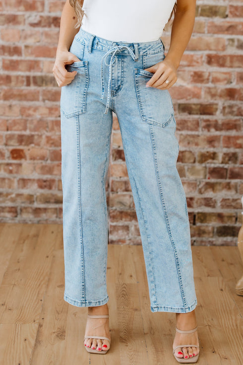 Exposed Stitch Detail Drawstring Wide Leg Barrel Jeans