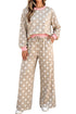 Polka Dot Trim Long Sleeve Top Drawstring Shift Pant Set