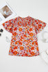 Floral Pleated Ruffle V Neck Short Sleeve Blouse