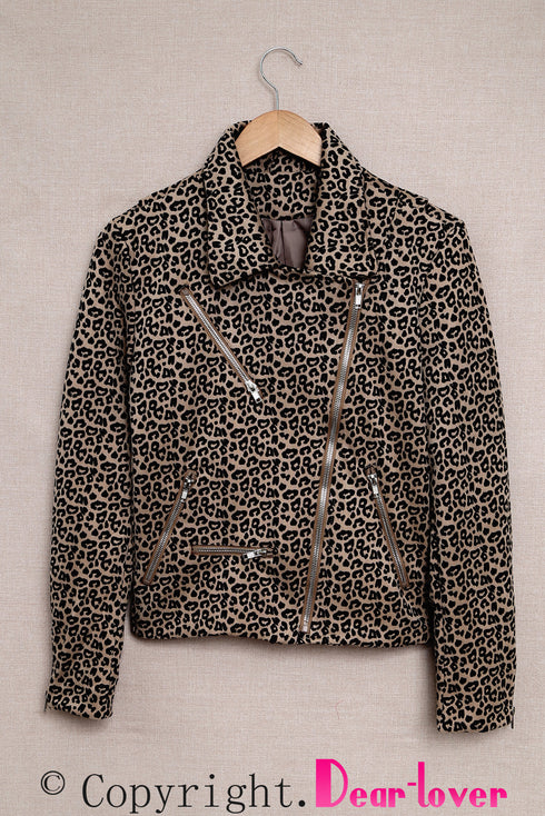 All Over Leopard Print Zipped Notch Collar Short Jacket