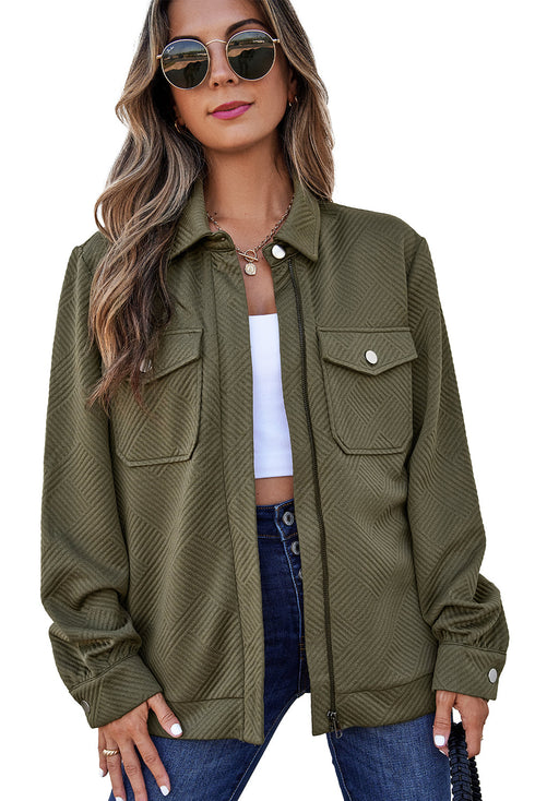 Casual Textured Flap Pocket Shirt Collar Zip Up Jackets