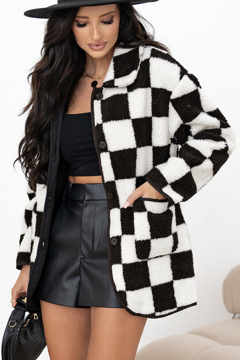 Checkered Collared Buttoned Side Pocket Fleece Jacket