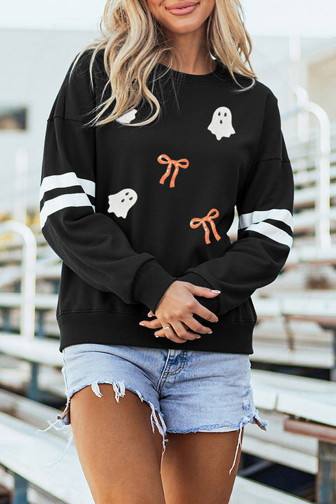 Sequin Ghosts Bows Graphic Varsity Striped Sleeve Pullover Sweatshirt