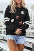 Sequin Ghosts Bows Graphic Varsity Striped Sleeve Pullover Sweatshirt