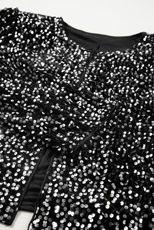 Elegant Solid Sequined Open Front Cropped Jacket