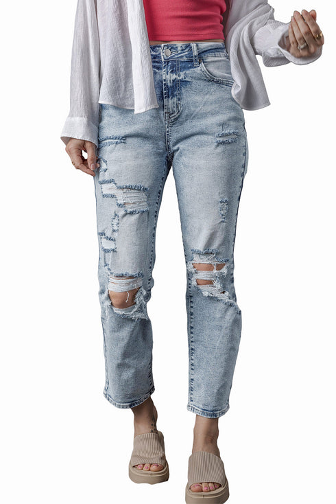 Distressed Frayed Slim Fit High Waist Denim Jeans