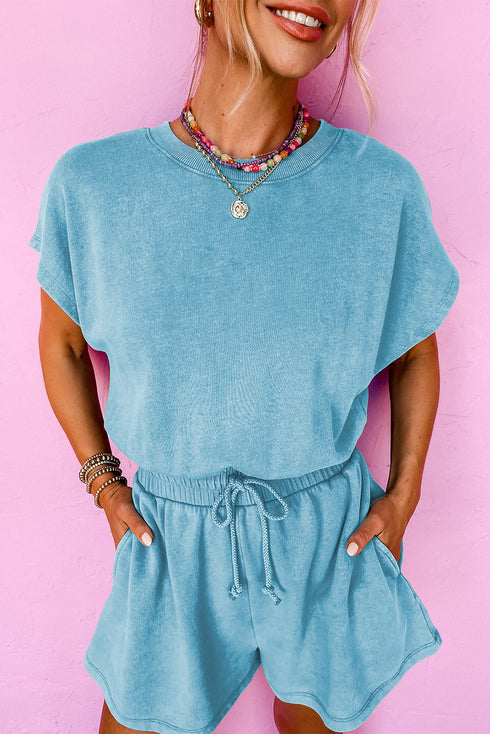 Edgy Casual Mineral Wash Short Sleeve Drawstring Cutout Back Romper