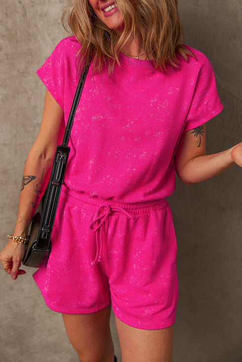 Edgy Casual Mineral Wash Short Sleeve Drawstring Cutout Back Romper