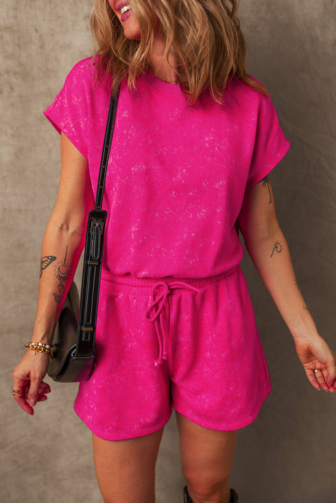 Edgy Casual Mineral Wash Short Sleeve Drawstring Cutout Back Romper