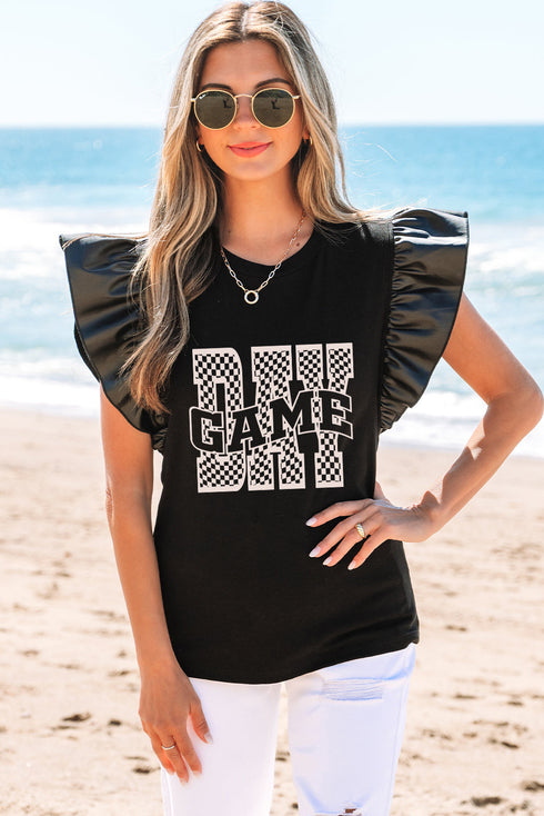 Edgy Chic Game Day Graphic Faux Leather Statement Sleeve Top