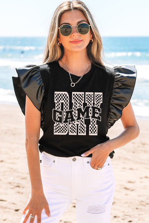 Edgy Chic Game Day Graphic Faux Leather Statement Sleeve Top