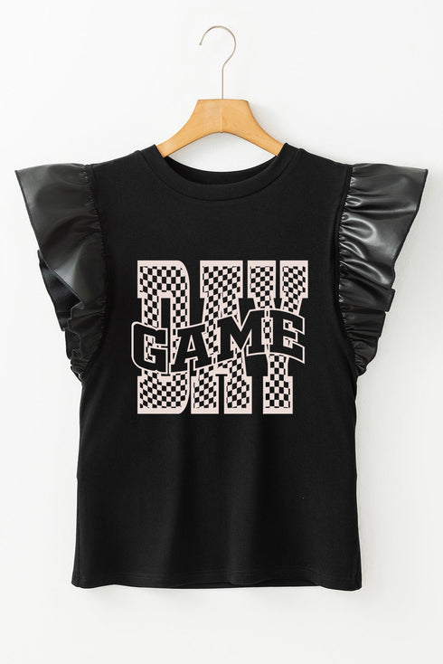 Edgy Chic Game Day Graphic Faux Leather Statement Sleeve Top