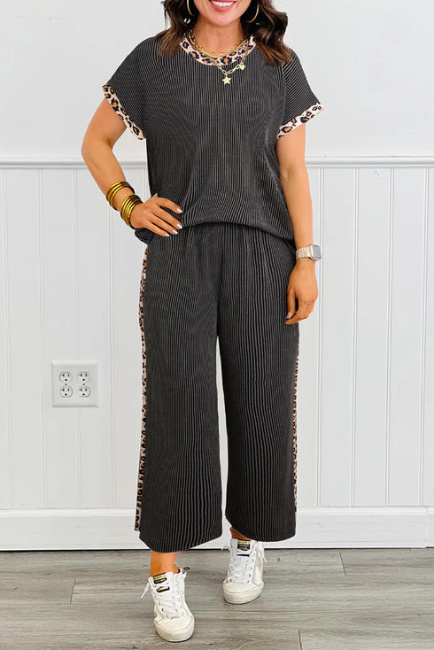 Edgy Ribbed Knit Leopard Print Trim Tee Wide Leg Cropped Lounge Set