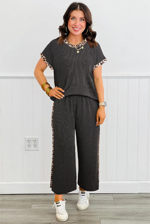 Edgy Ribbed Knit Leopard Print Trim Tee Wide Leg Cropped Lounge Set